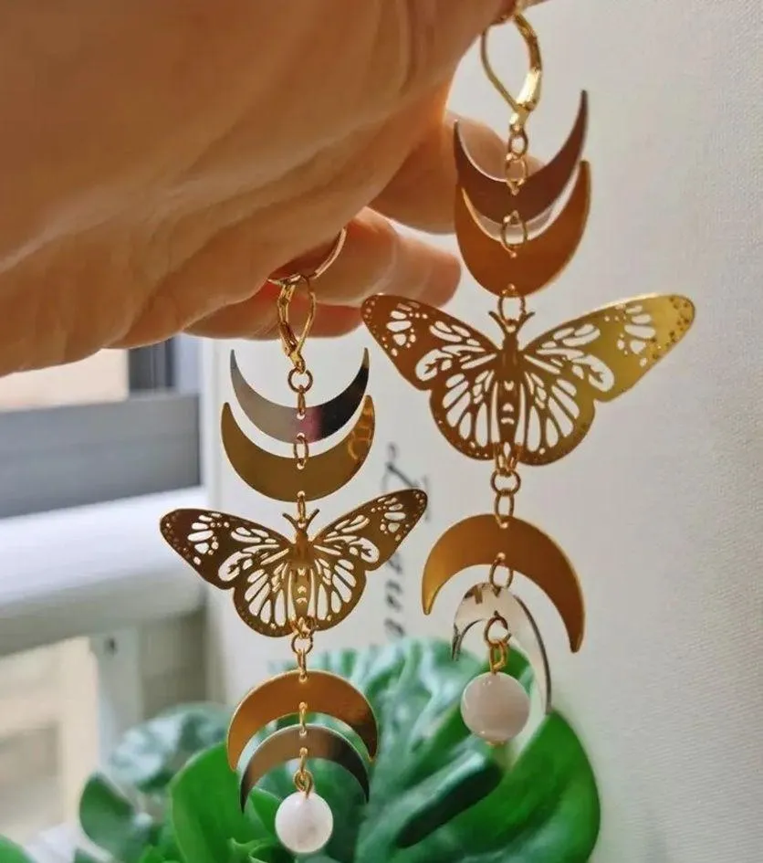 Vintage Bohemian Butterfly Half Moon Silver Gold Drop Earrings - Image 2