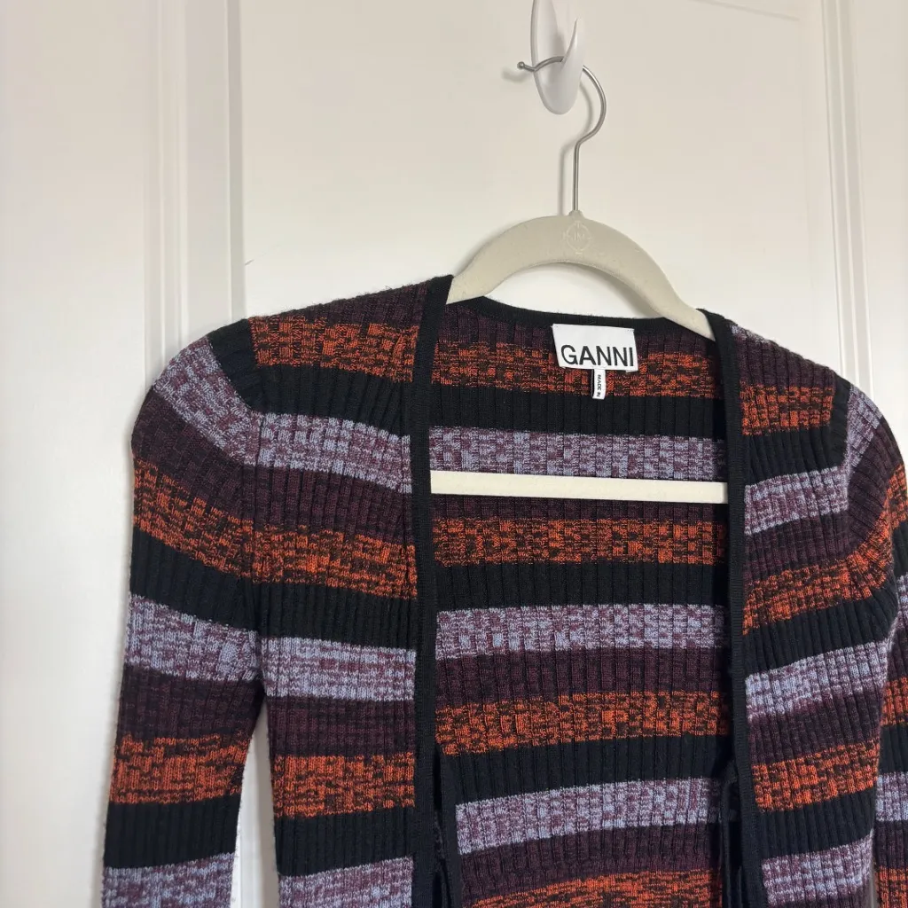 GANNI Striped Merino Rib Cropped Cardigan Maxi Skirt Set - Image 13