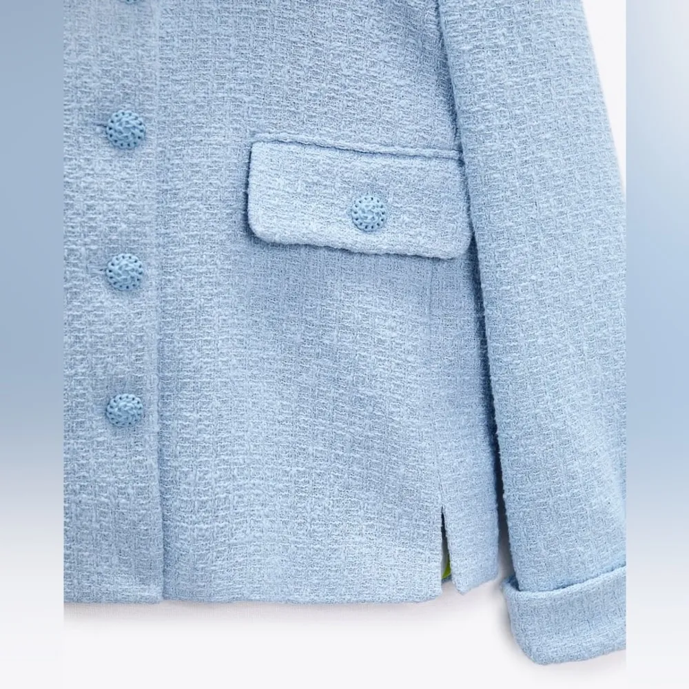 Zara TWEED WEAVE TEXTURED BLAZER WITH BUTTON DETAILS BABY BLUE SIZE XS NEW - Image 13