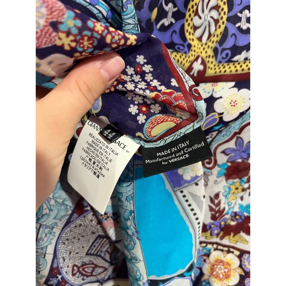 Women’s Versace Art To Wear Floral Geometric Patchwork Silk Button Down - Image 7