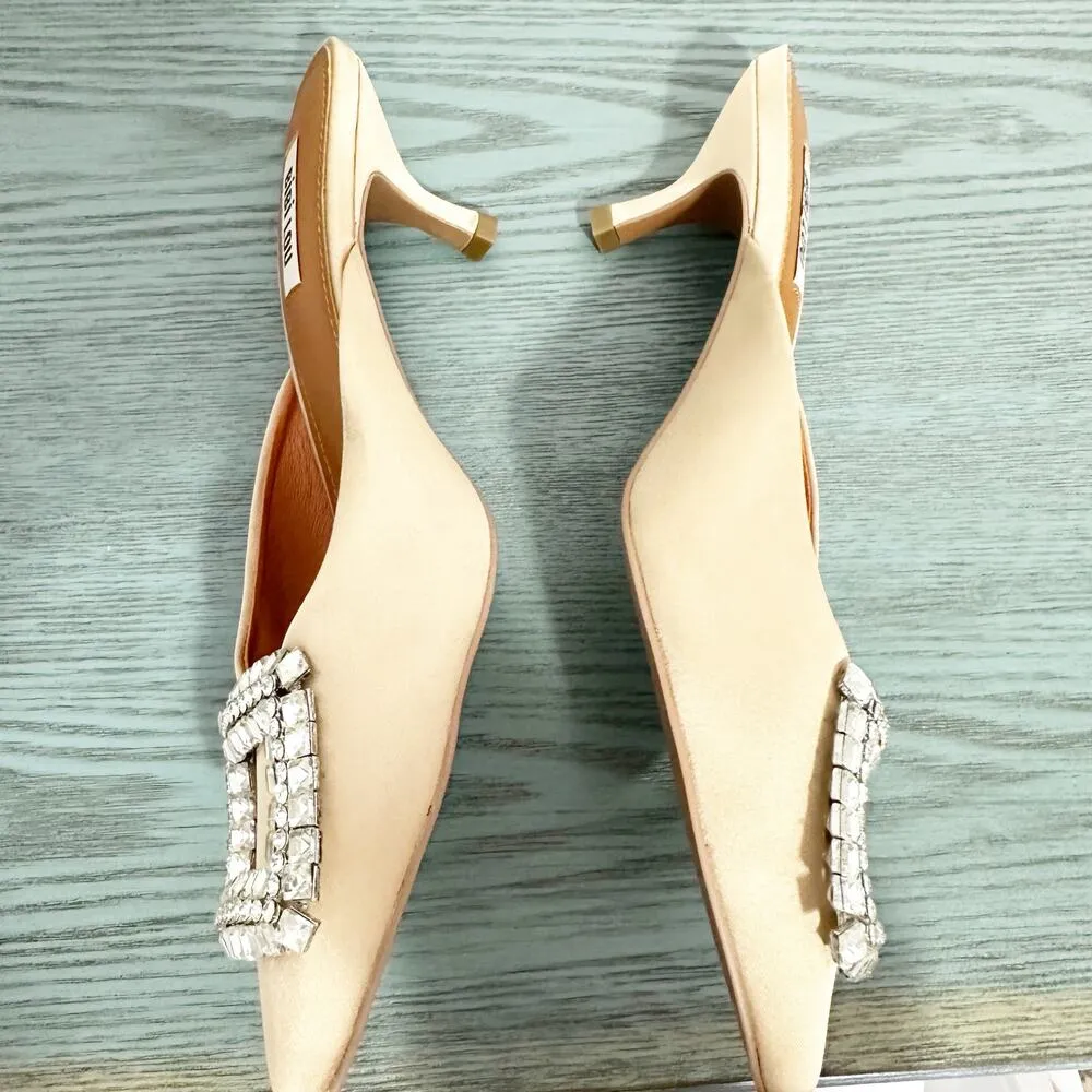 Bibi Lou Anthropologie Cream Satin Jewled Heeled Mules 38 Size 8 - Image 6