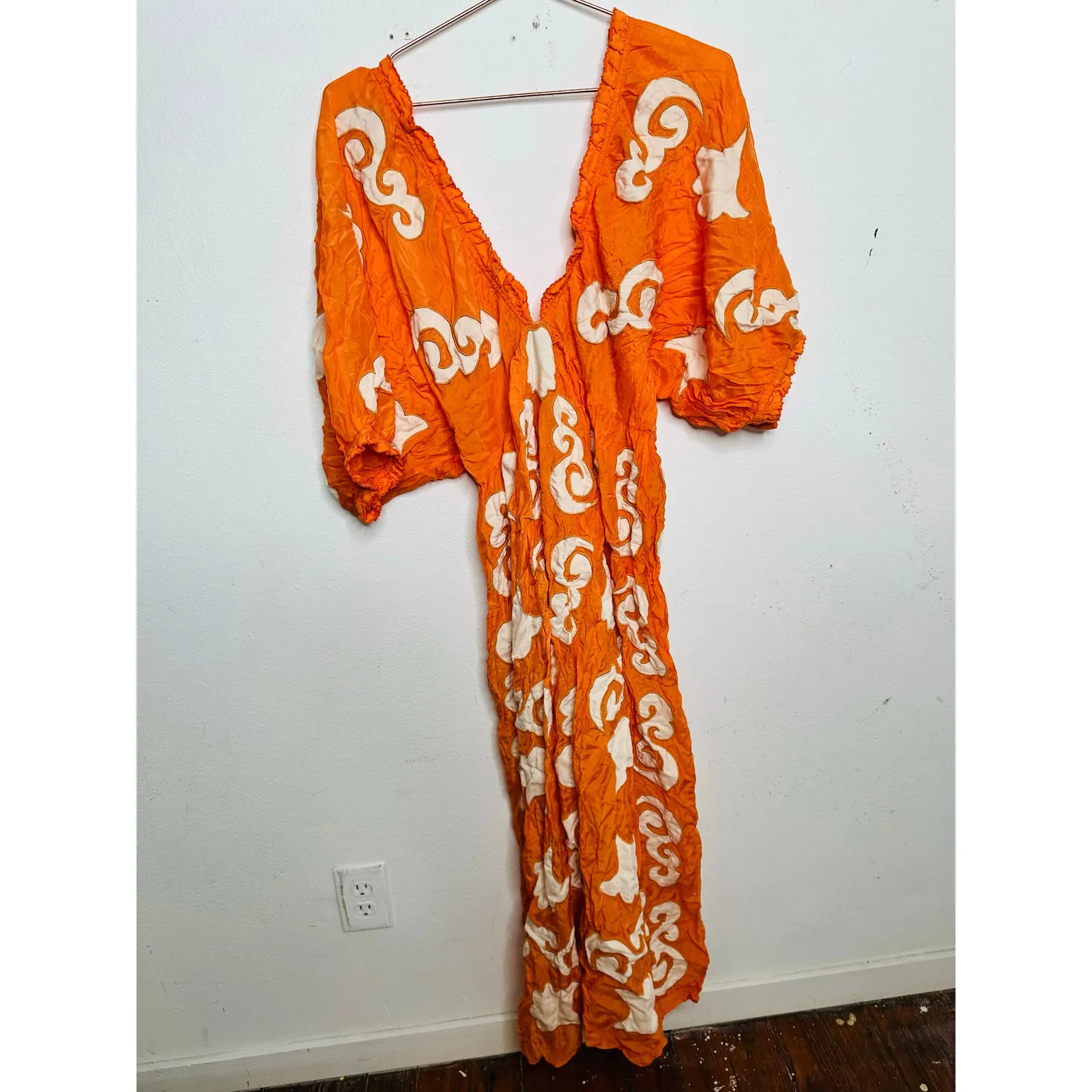 CHUFY Orange White Design Cupro Blend 3/4 Sleeves Lucia Maxi Dress Size Medium - Image 9
