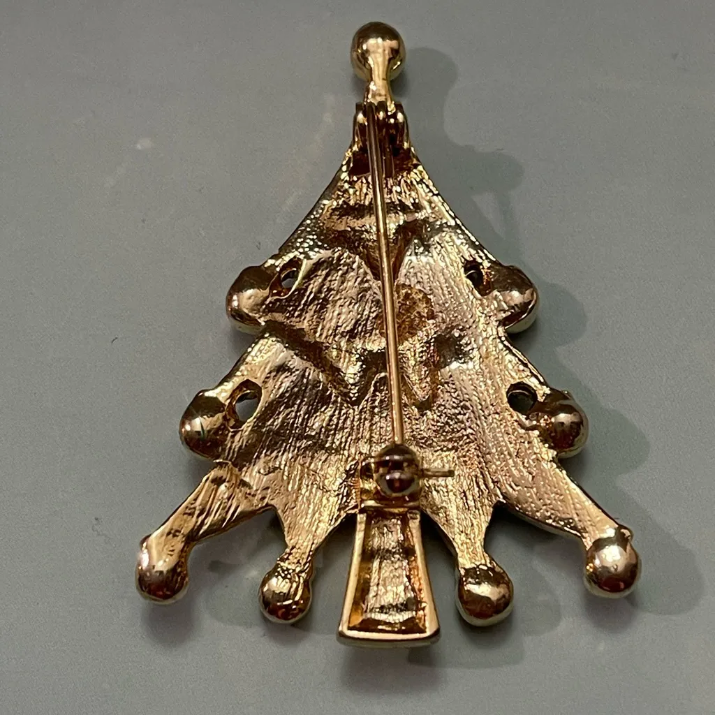 Christmas Tree Brooch Green With Multicolor Gemstones VTG - Image 7