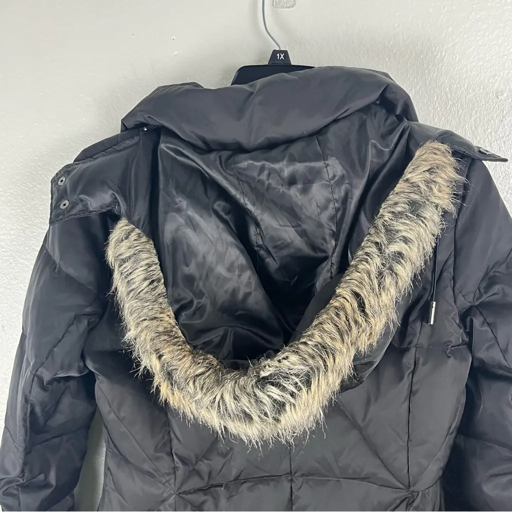 KENNETH COLE Black Down Feather Filled Faux Fur Hoodie Puffer Trench Coat Medium - Image 7