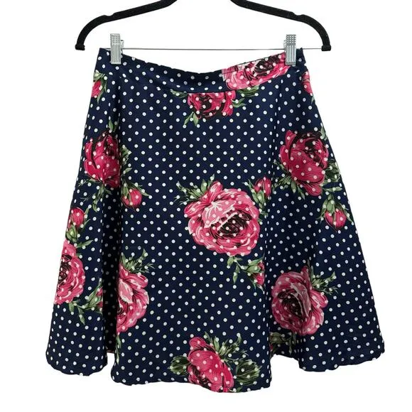 Magazine Navy Polka Dot Floral A Line Silk Skirt Size M - Image 1