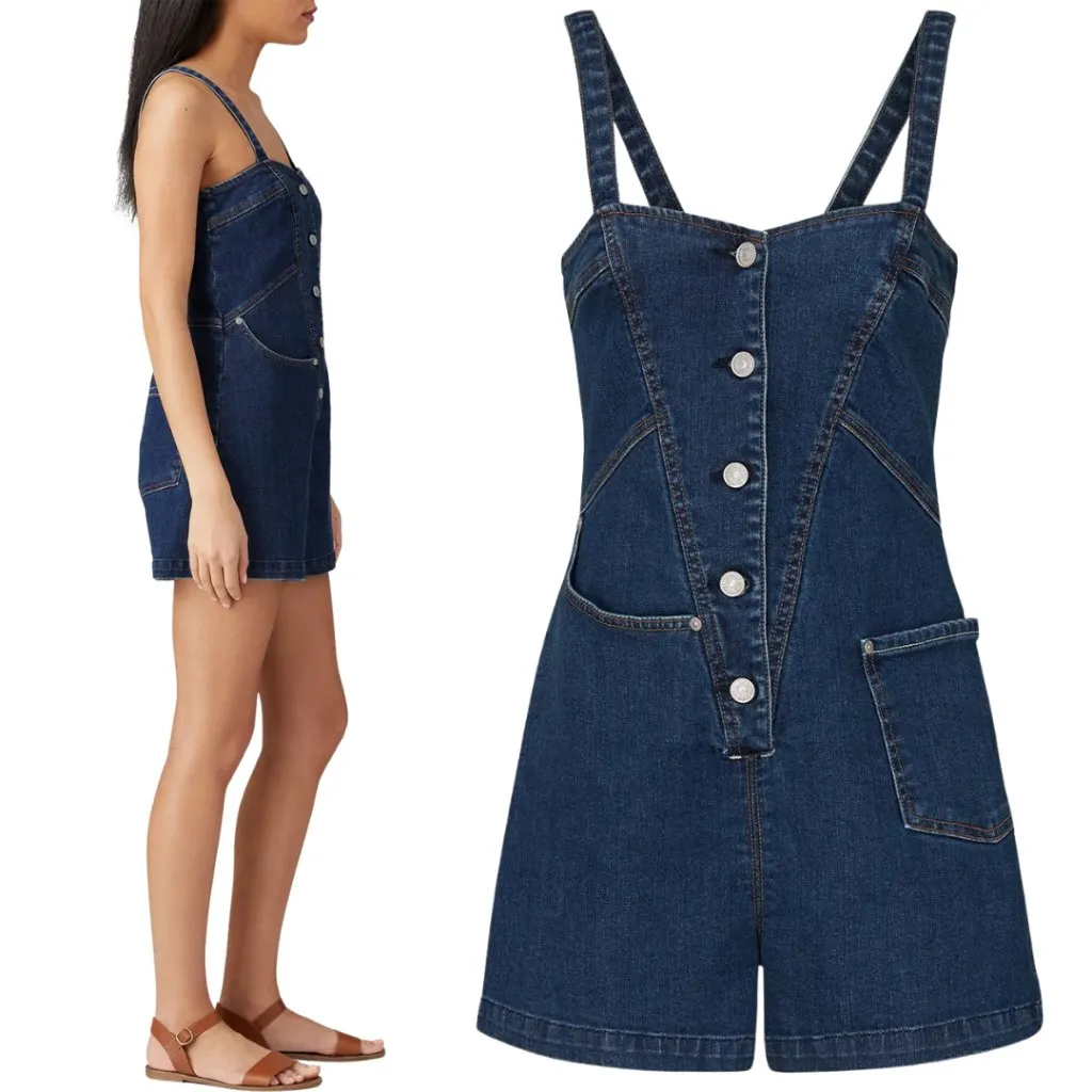 7 For All Mankind Asymmetrical Seam Denim Romper Womens XS Blue Western Bohemian - Image 4