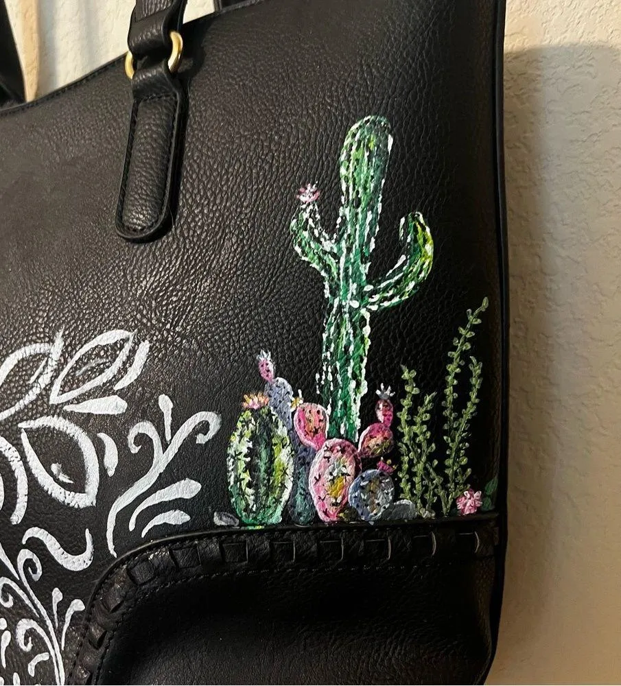 Custom Painted Cactus and Swirl Black Vegan Leather Shoulder Bag - Image 4