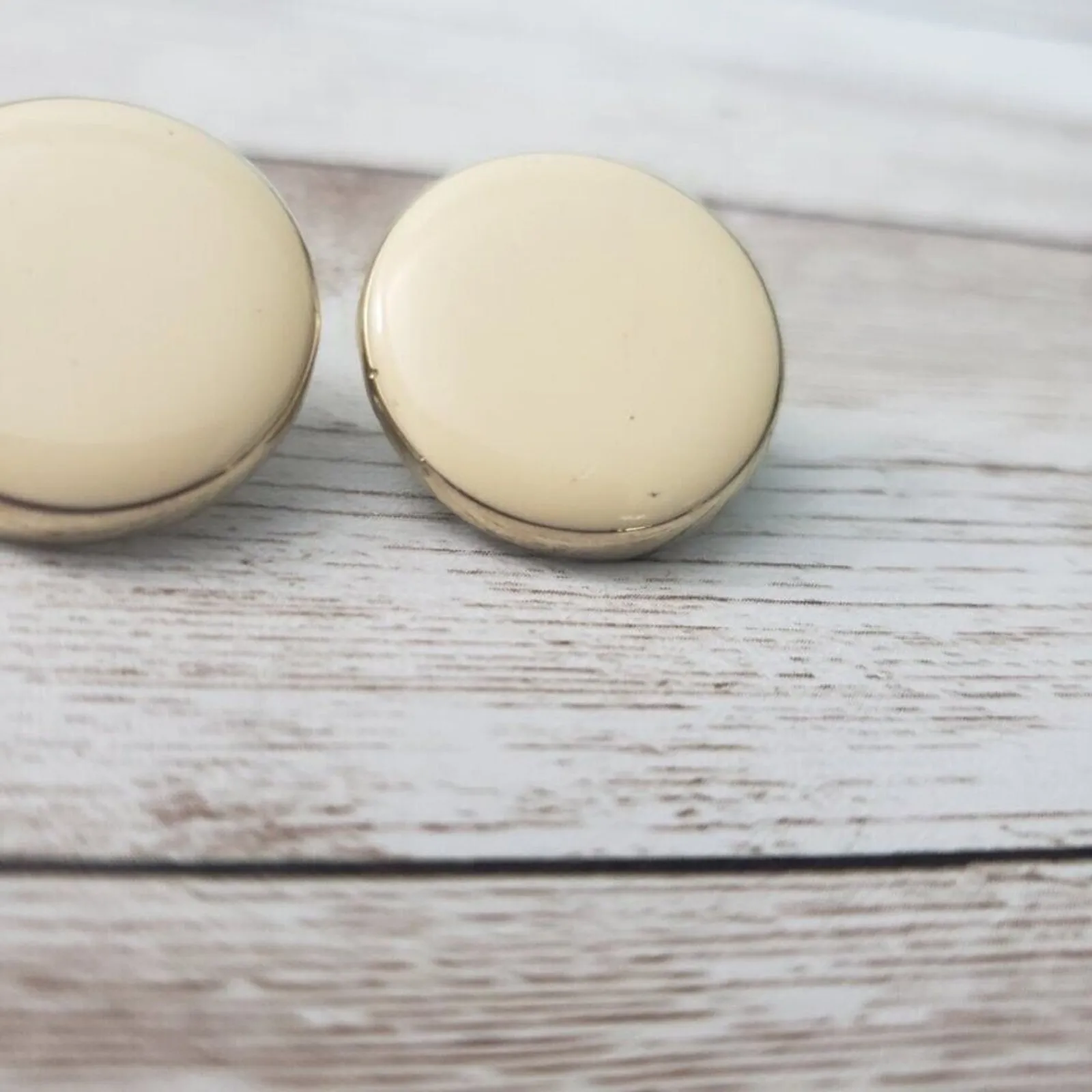 Vintage Clip On Earrings Elegant Cream with Thin Gold Tone Halo Small - Image 2