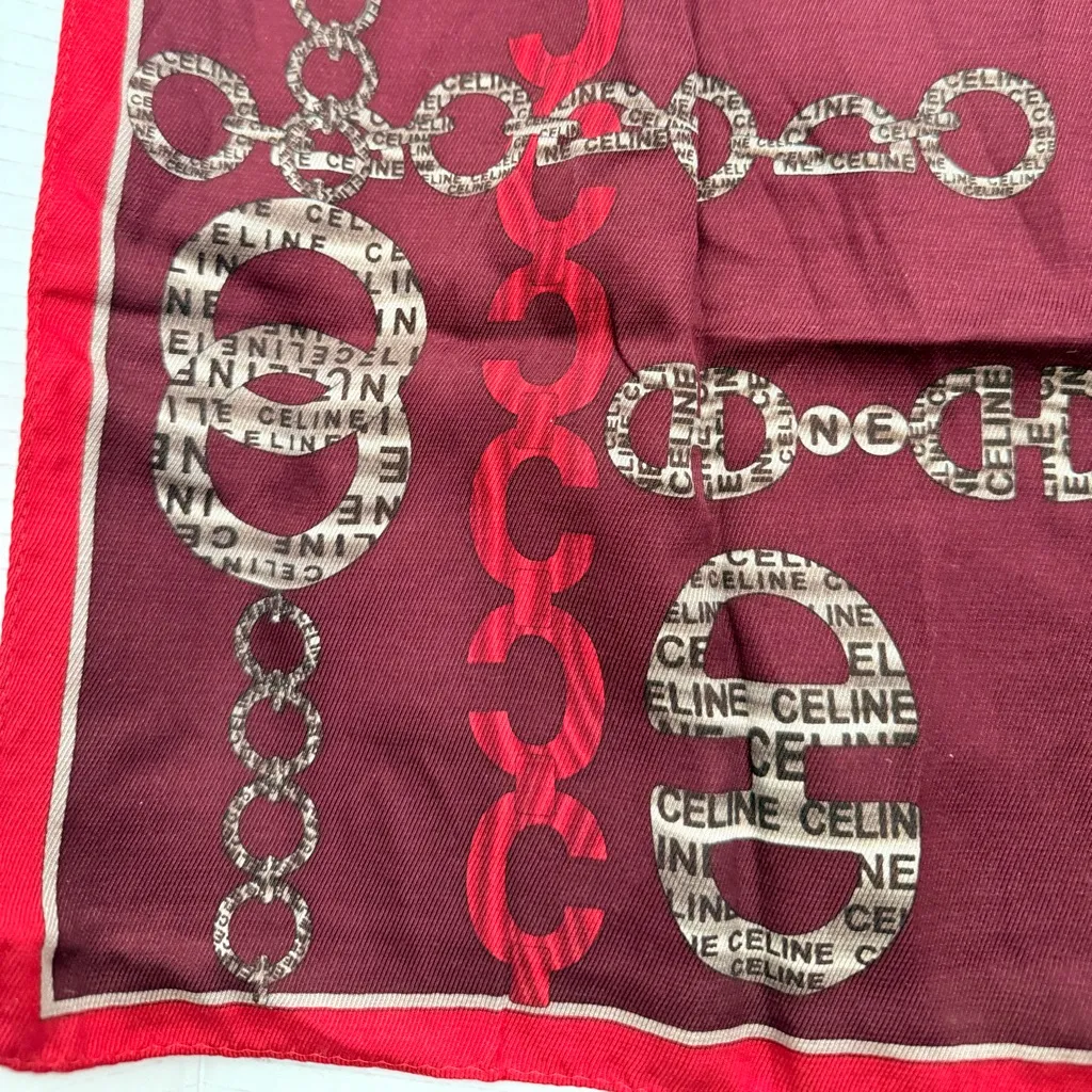 Celine Burgundy Chain Print Silk Cotton Scarf Square - Image 6