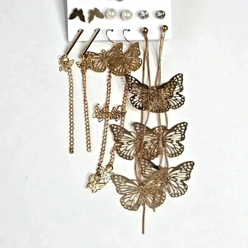 Gold Butterfly Pearl Set Stud Dangle Long ‎ Earrings Fashion Jewelry JB2-23 - Image 3