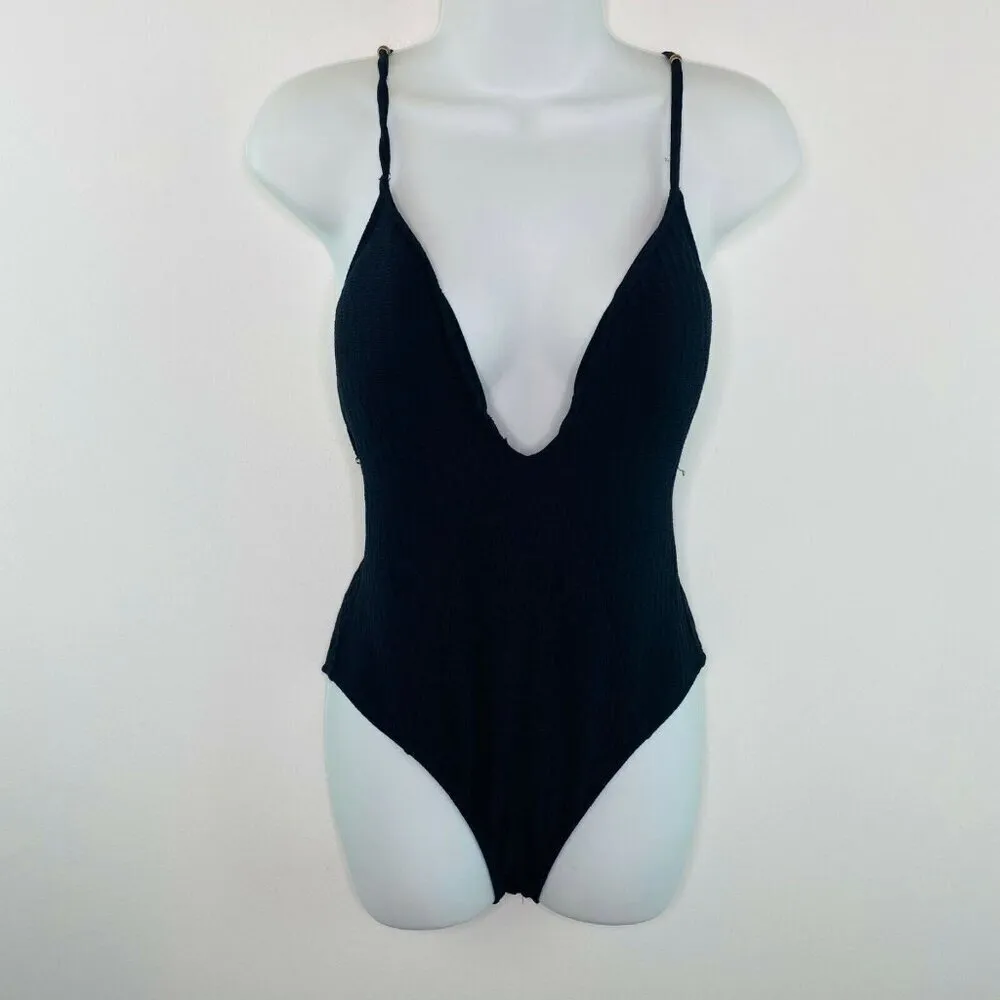Lucky Brand $114 Plunge Front One-Piece Swimsuit Size S Black - Image 2