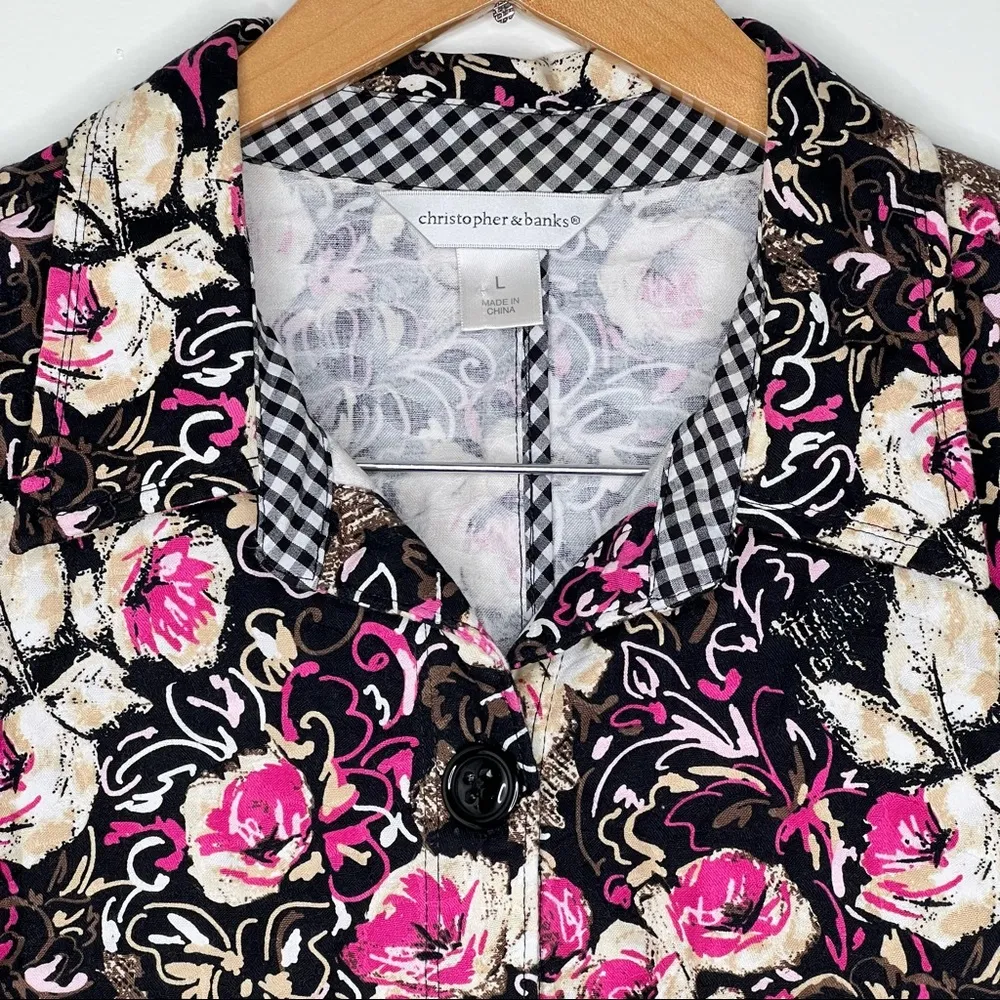 Christopher & Banks Floral button up Blouse Short Jacket gingham trim Large READ - Image 2