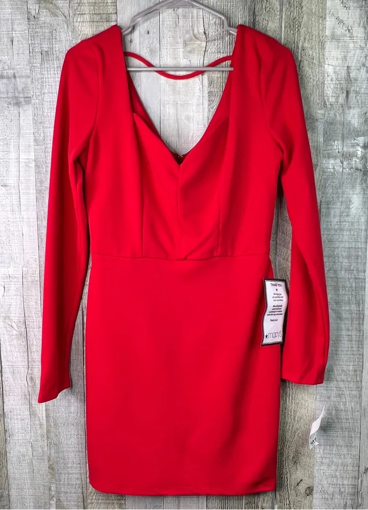Crystal Dolls Size 9 Red Long Sleeve V-Neck Front & Back Mini Dress Back Zipper - Image 1