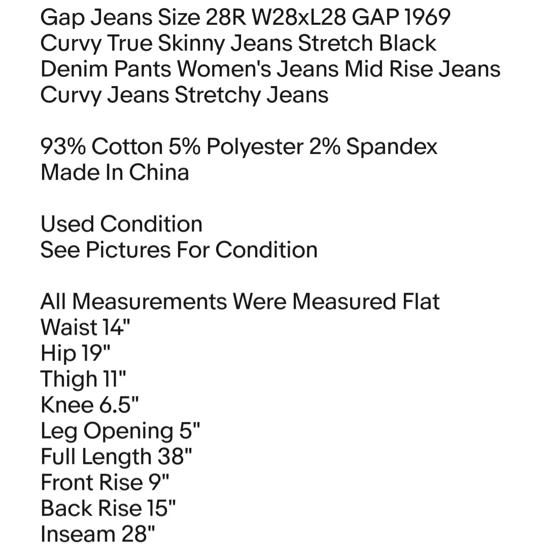 Gap Jeans Size 28R W28xL28 GAP 1969 Curvy True Skinny Jeans Stretch Black Denim Pants  - Image 2