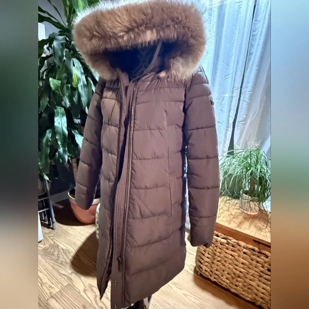 DKNY Faux-Fur-Trim Hooded Puffer Coat S Gray Size XS - Image 6