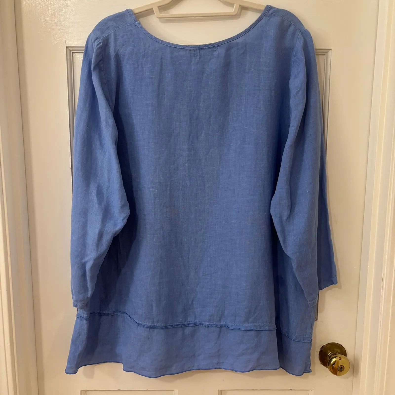 Fenini Blue Linen Tunic Top Layered Ruffle Hem Resort Lagom Minimalist Sz L Size L - Image 2