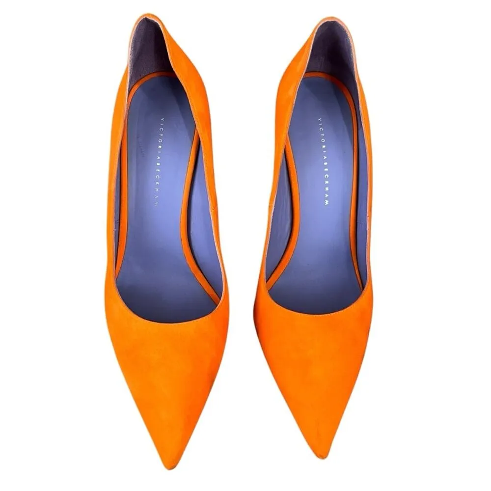Victoria Beckham Women’s Point Toe Orange Suede Purple Interior Stiletto Heels - Image 3