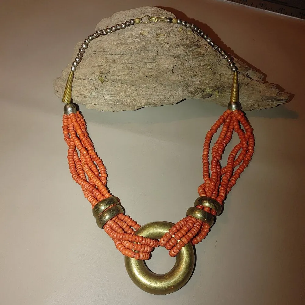 Orange Native Necklace Vintage 6 Multi Strand Glass Coral Brass Circular Pendan - Image 11