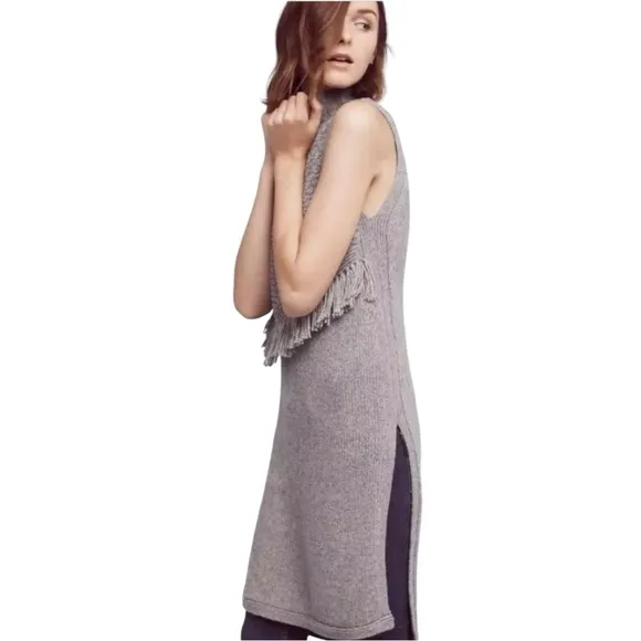 Nomad Morgan Carper Wool Blend Fringe Sleeveless Mini Sweater Dress in Taupe Brown - Image 3