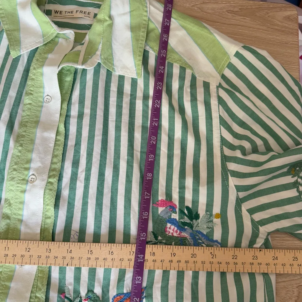 Free People Medium The Bird Shirt Embroidered Relaxed Boxy Fit Green Stripe - Image 10