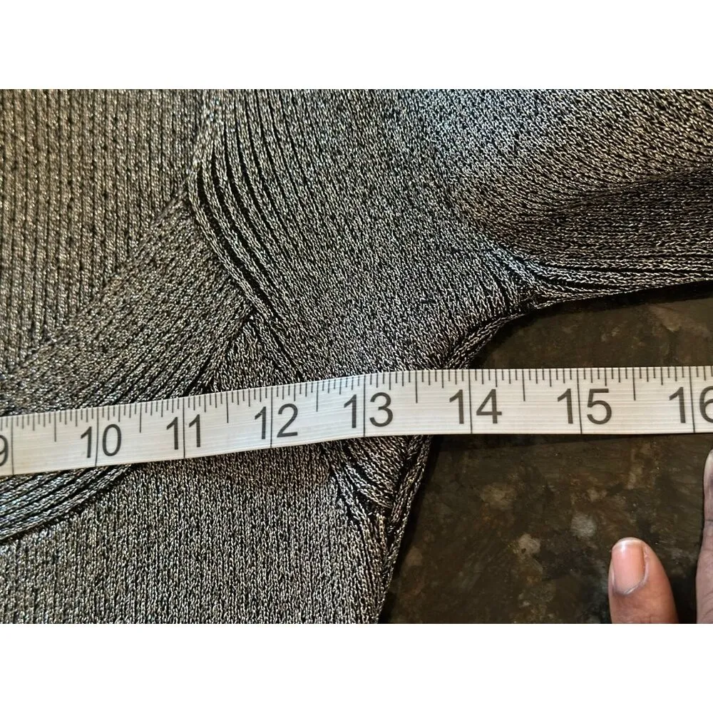 Metallic Silver Top Mock Neck Cut Out Ribbed Knit Long Sleeve Camille La Vie  M - Image 5