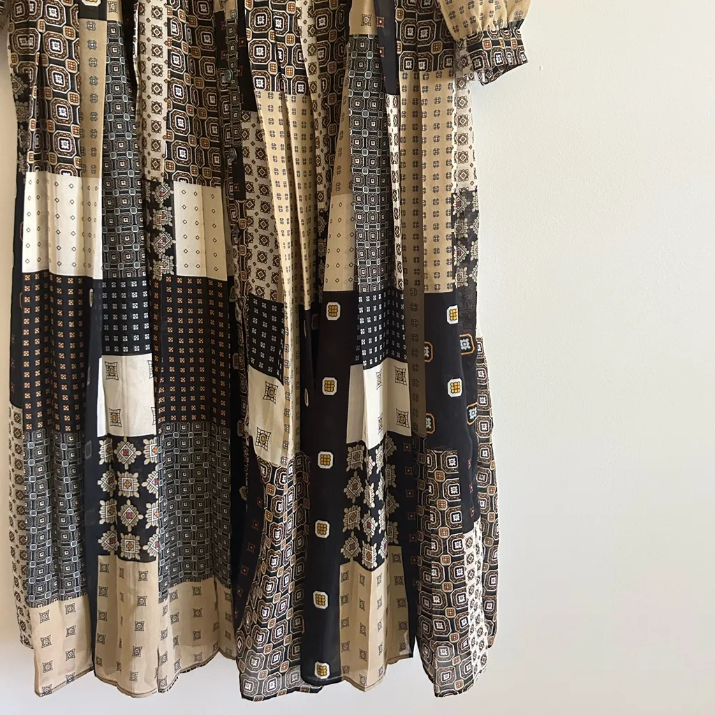 Banana Republic Pleated Long Sleeve Midi Dress Patchwork Foulard Print Size XS - Image 4