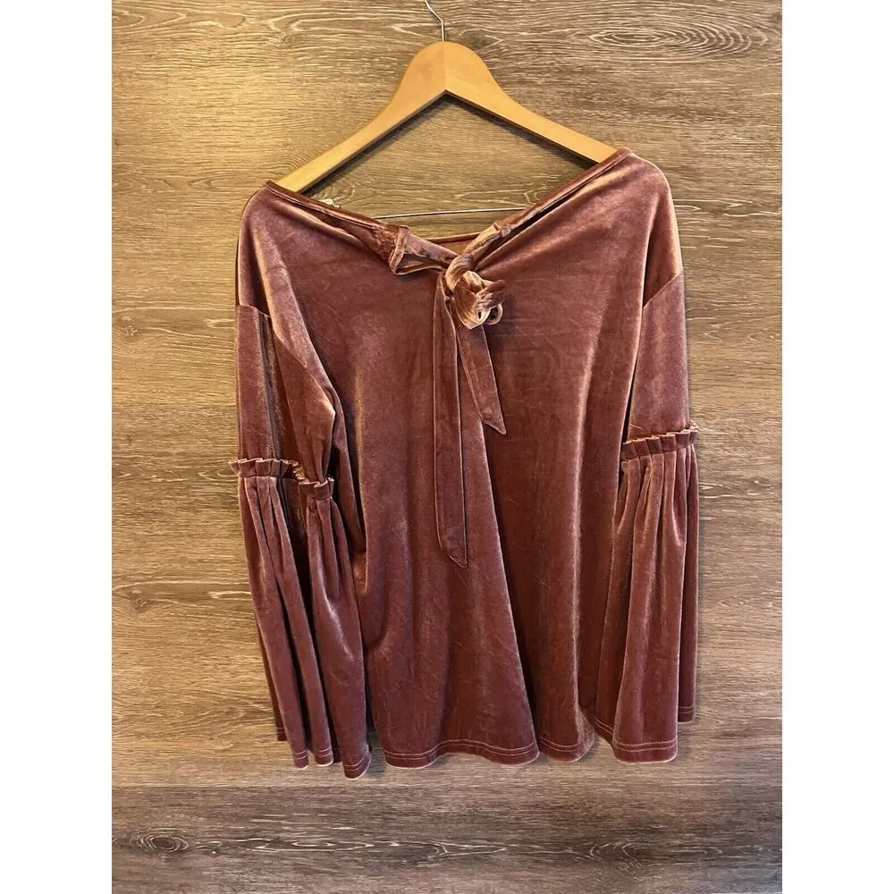 See And Be Seen Pink Shirt Velour Shimmer Flare Sleeves Tie On Back Holidays Sm - Image 9