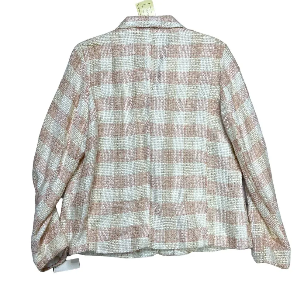 Carlucci Womens Blazer Size L Pink White Check Tweed Raw Hem Gold NEW Size L - Image 2