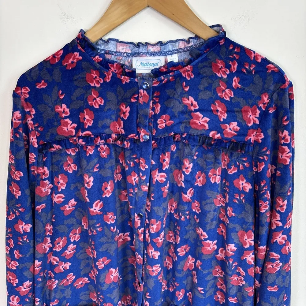 Vintage National Robe Size L Royal Blue Flroal Snap Front Velvet House Coat Rare - Image 3
