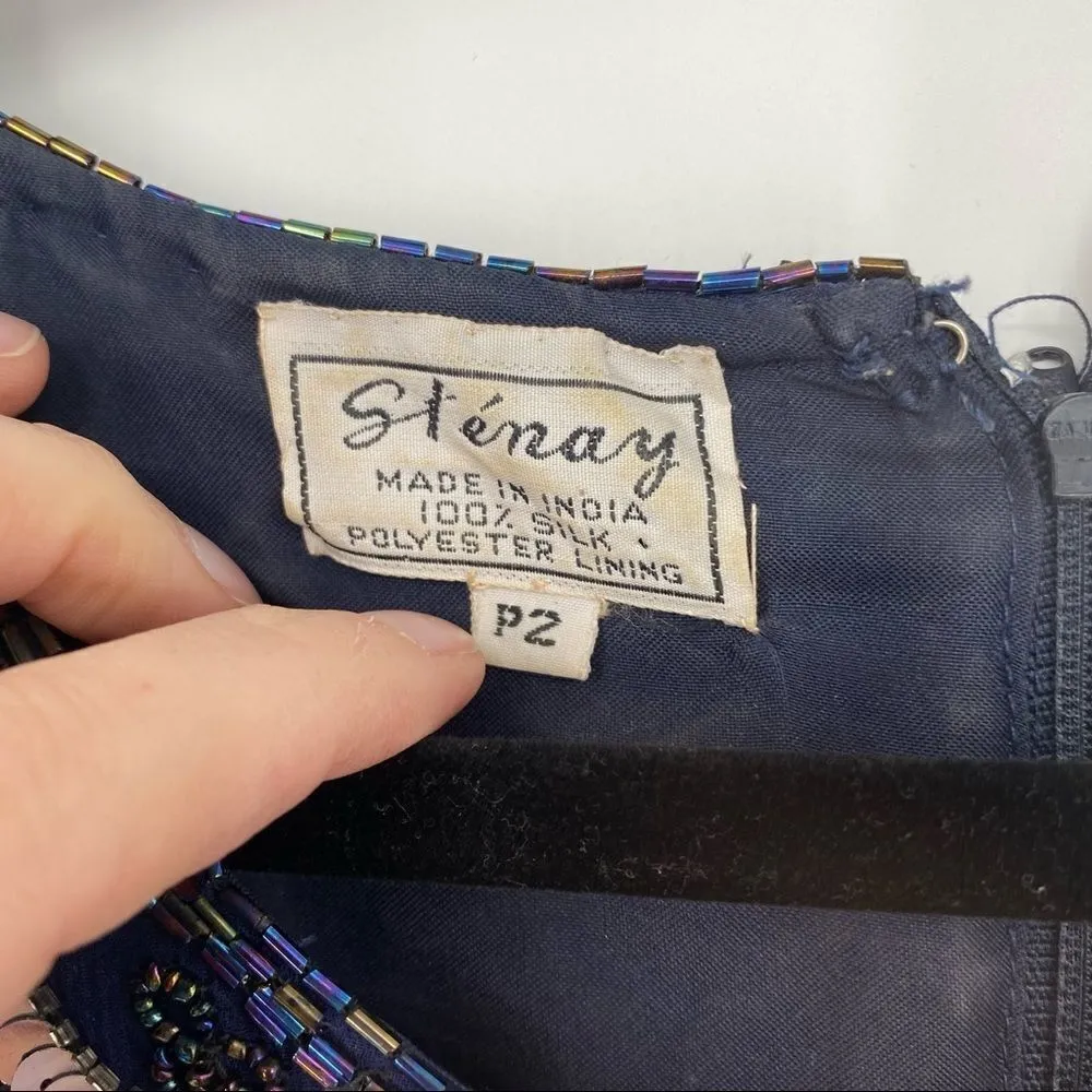 STENAY silk heavily beaded dress sequins cocktail cruise wedding size 2 vintage Silver - Image 3