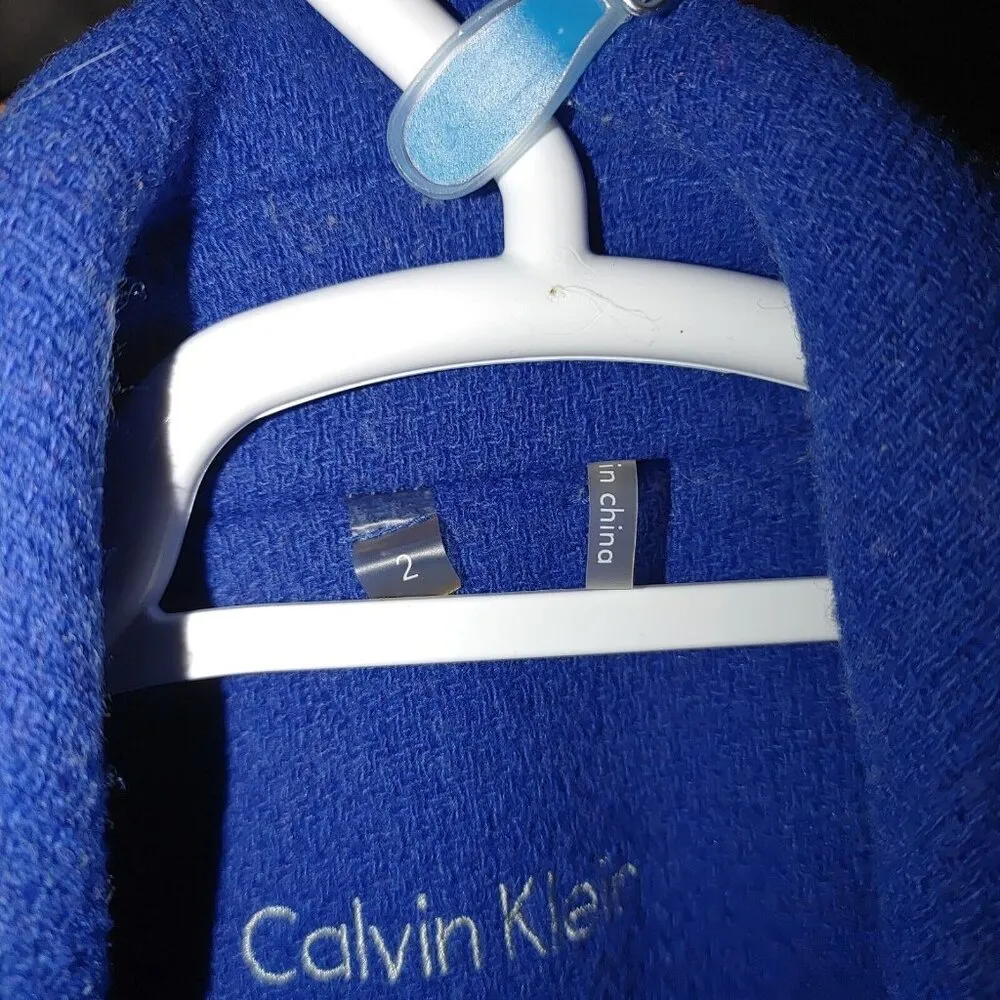 Calvin Klein Size 2 Wool Blue Coat Jacket Women Button And Tie Waist Pockets - Image 8