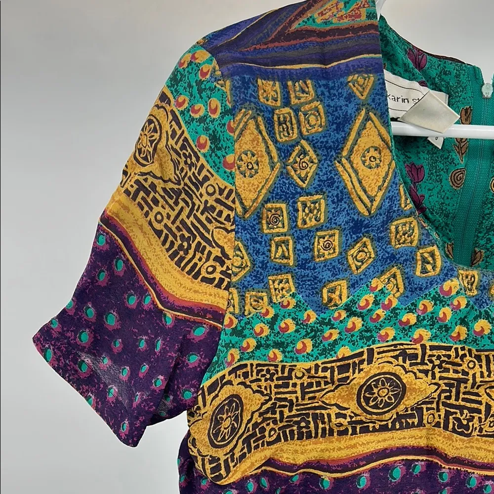 Karin Stevens Teal purple Gold vintage 90s Patterned Dress floral rayon 8 retro - Image 8