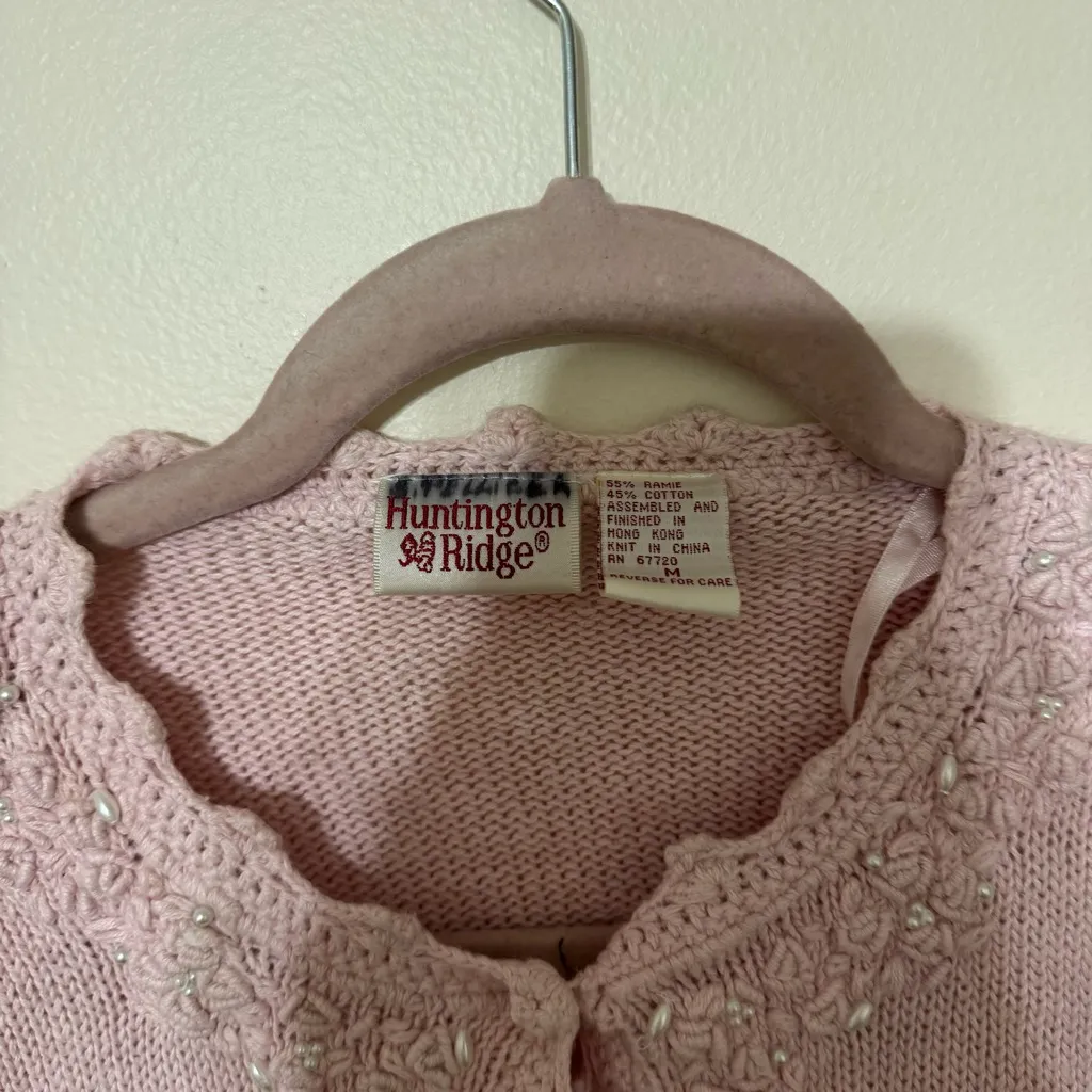 Vintage Light Pink Pearl Cotton Grandma Cardigan Size M - Image 3