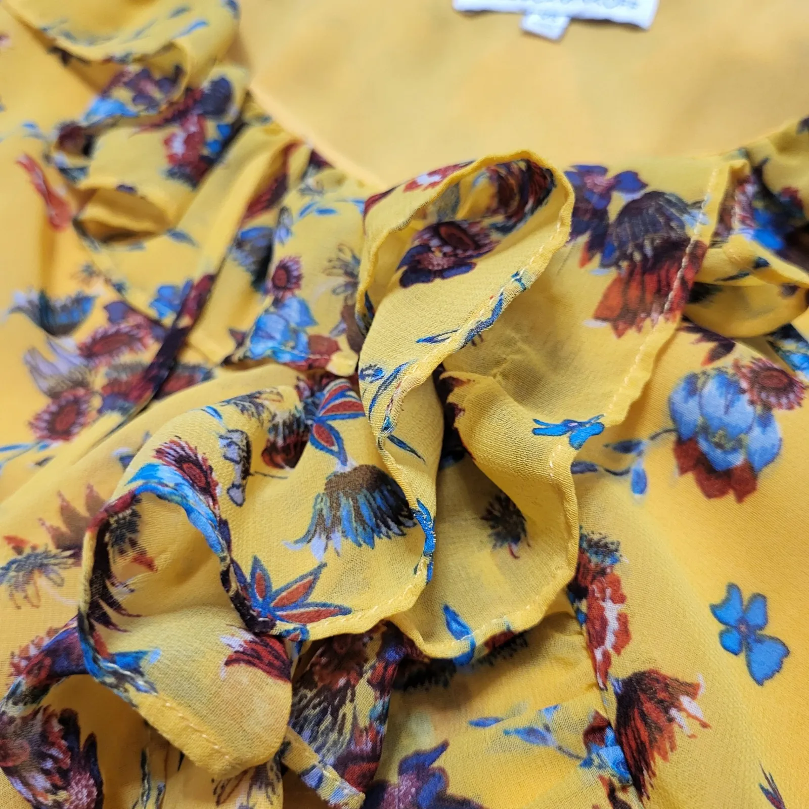 Rebecca Minkoff Yellow Floral Ruffle Tie Blouse Top Bold Bohemian Indie Fairy XS - Image 7