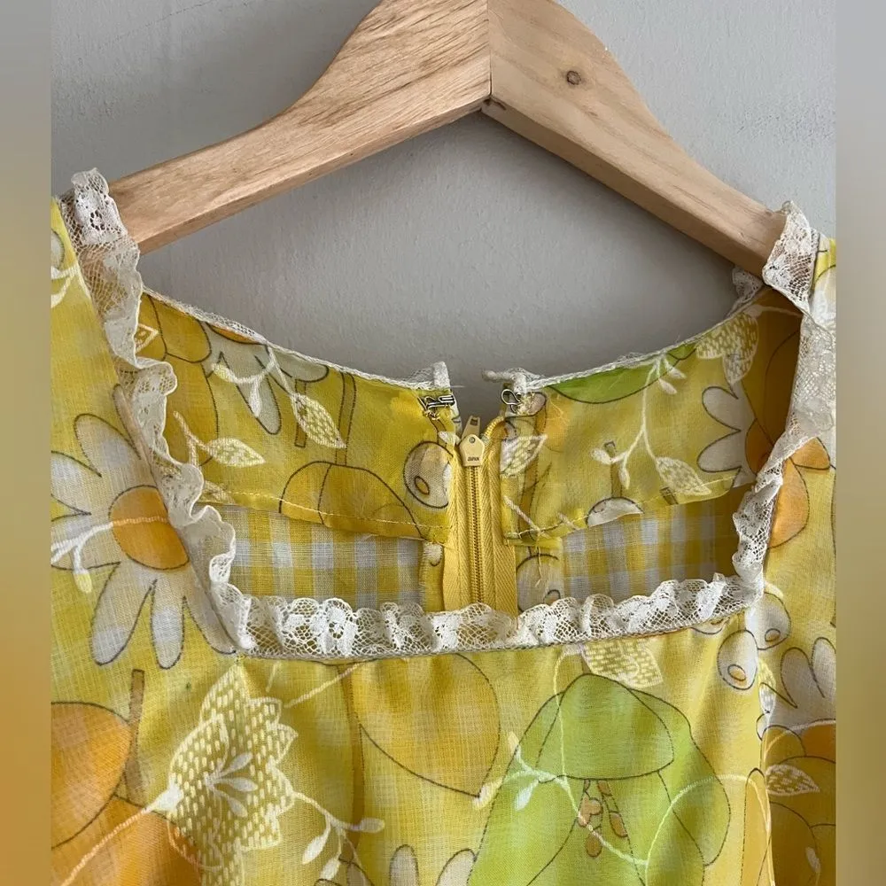 VINTAGE 60s 70s Yellow Floral Prairie Maxi Dress Puff Sleeve Square Neck Daisy S - Image 9