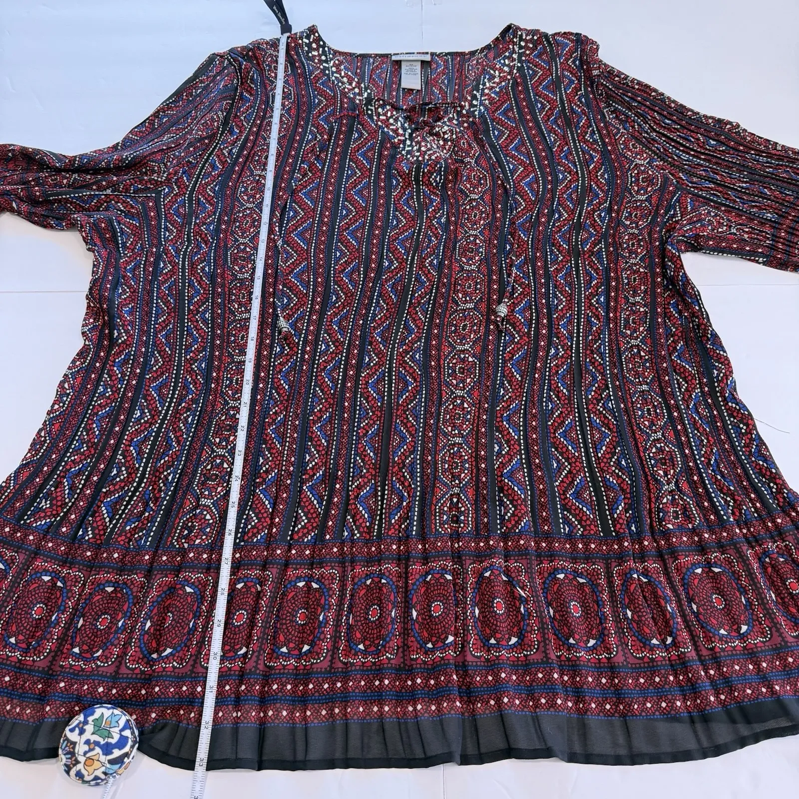 Catherines Red Blue Lace Up Rhinestone Bell Sleeve Crinkle Pleat Blouse Size 4X - Image 9