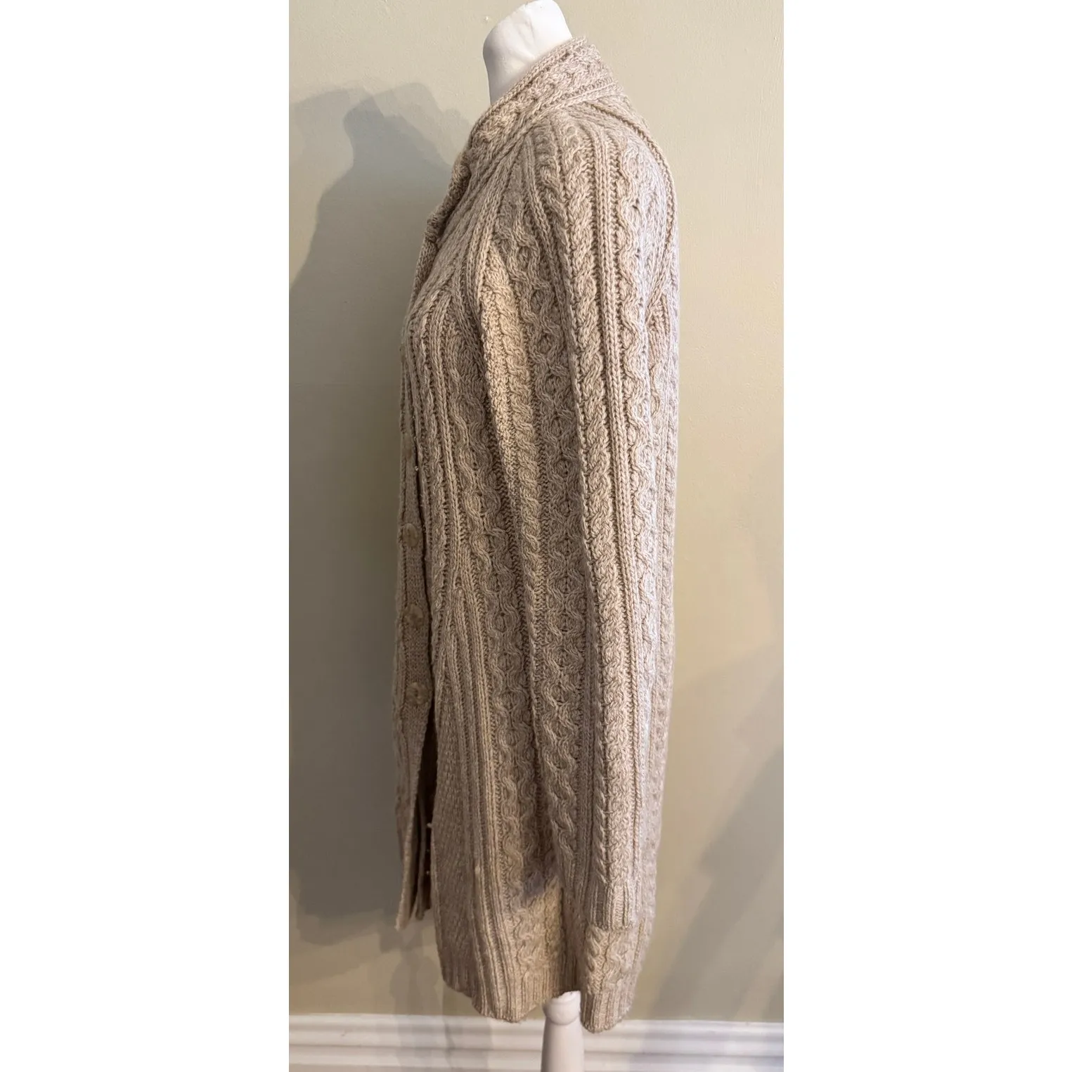 ARAN CRAFTS Vintage Chunky Knit Buttons Cardigan Cable Knit Fisherman Size L Tan Size L - Image 3