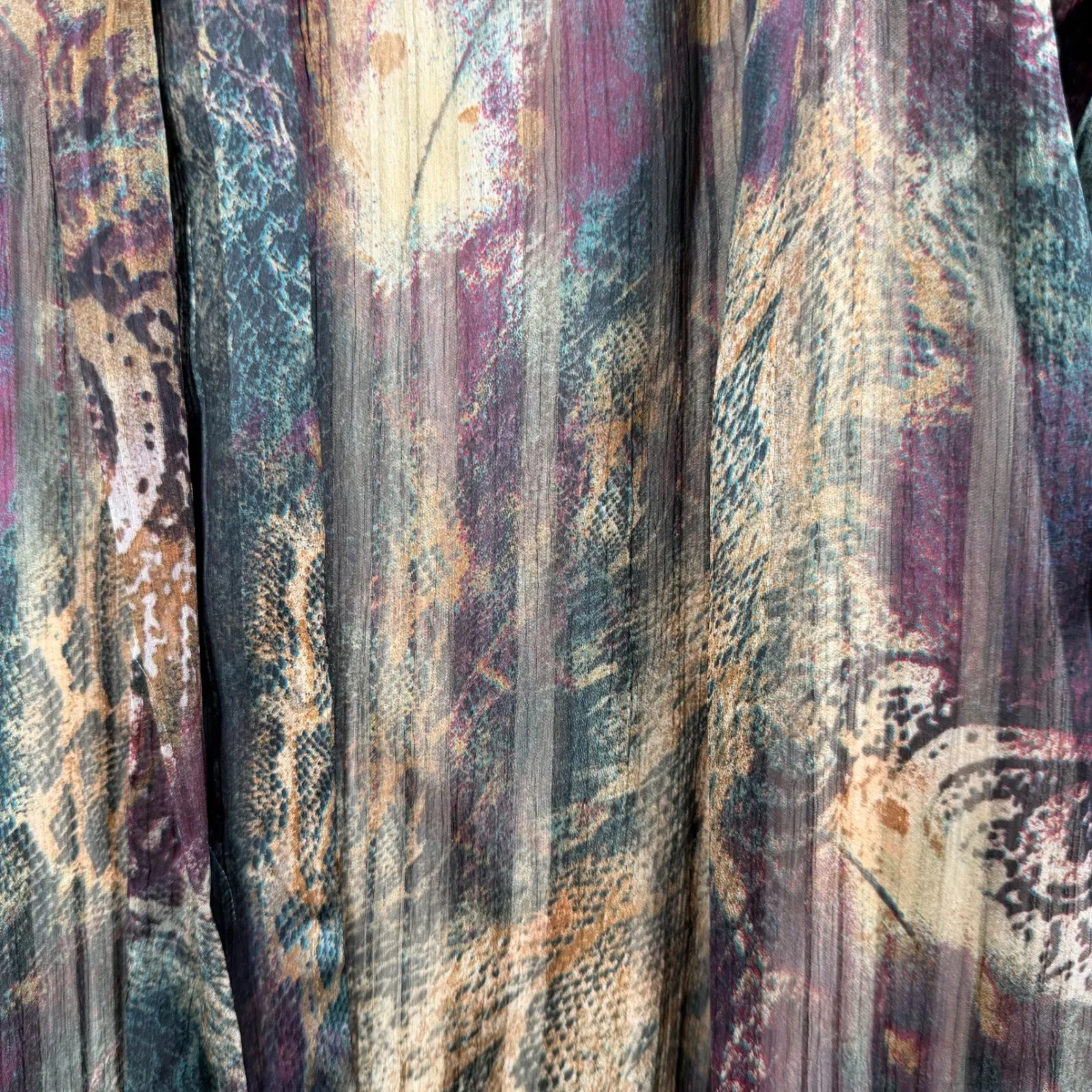 Dressbarn Blouse Size L Green Purple Abstract Art Sheer Tie Front Balloon Sleeve - Image 5