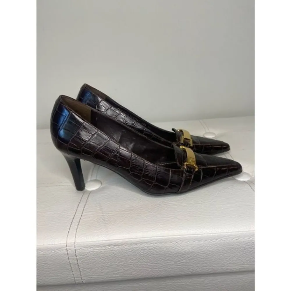 Lauren Ralph Paulette Alligator Croc Safari Brown Heels Sz 6 B Gold Buckle Logo - Image 3