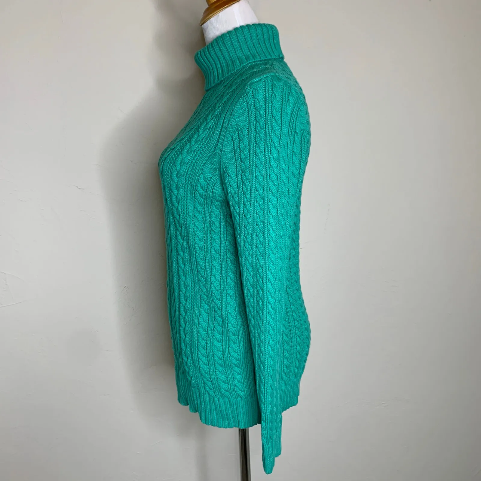 Vintage Bright Green Cable Knit Turtleneck Cotton Sweater Sz Medium Indie - Image 3