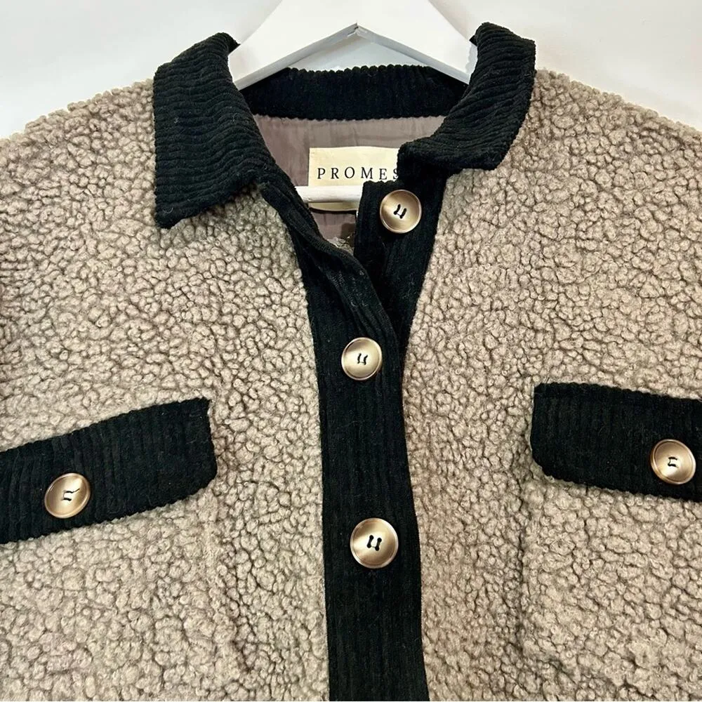 PROMESA Women's Contrast Button Down Sherpa Jacket Grey Black Size Medium FLAW - Image 2