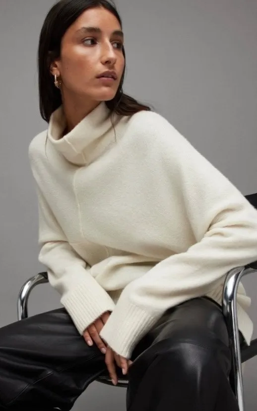 ALLSAINTS Ivory White Cream Lock Roll Neck Asymmetric Wool Turtleneck Sweater - Image 1