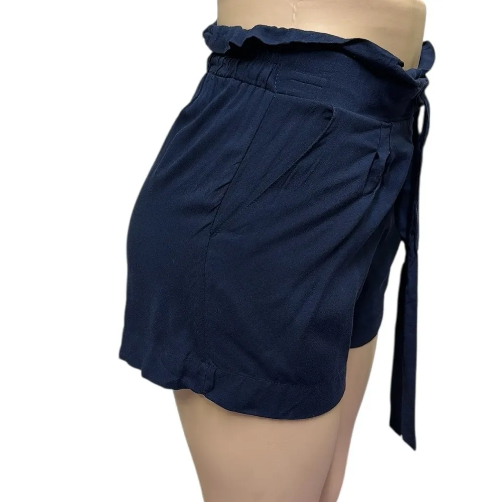 Ambiance Navy High Elastic and Tie Waist Pleated Paper Bag Pocket Shorts Small Blue - Image 4