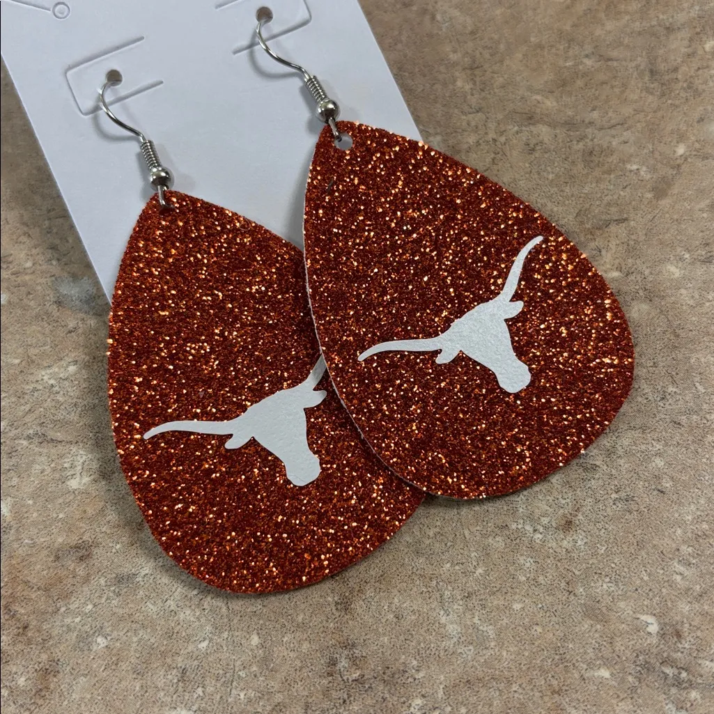 Handmade 2.5” Faux Leather Glitter Texas Longhorn Teardrop Earrings NEW - Image 3