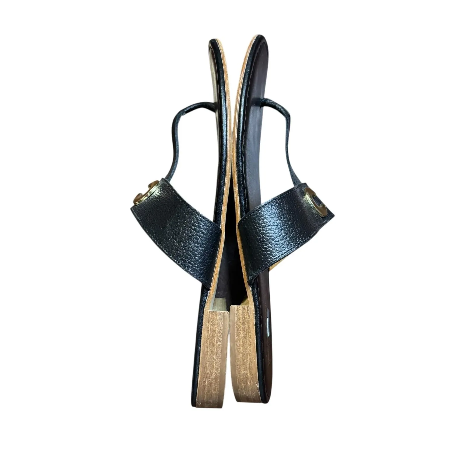 Coach and Four Shoes Womens Size 7.5 Black Leather Thong Sandals Block Heel C Logo Italy - Image 8