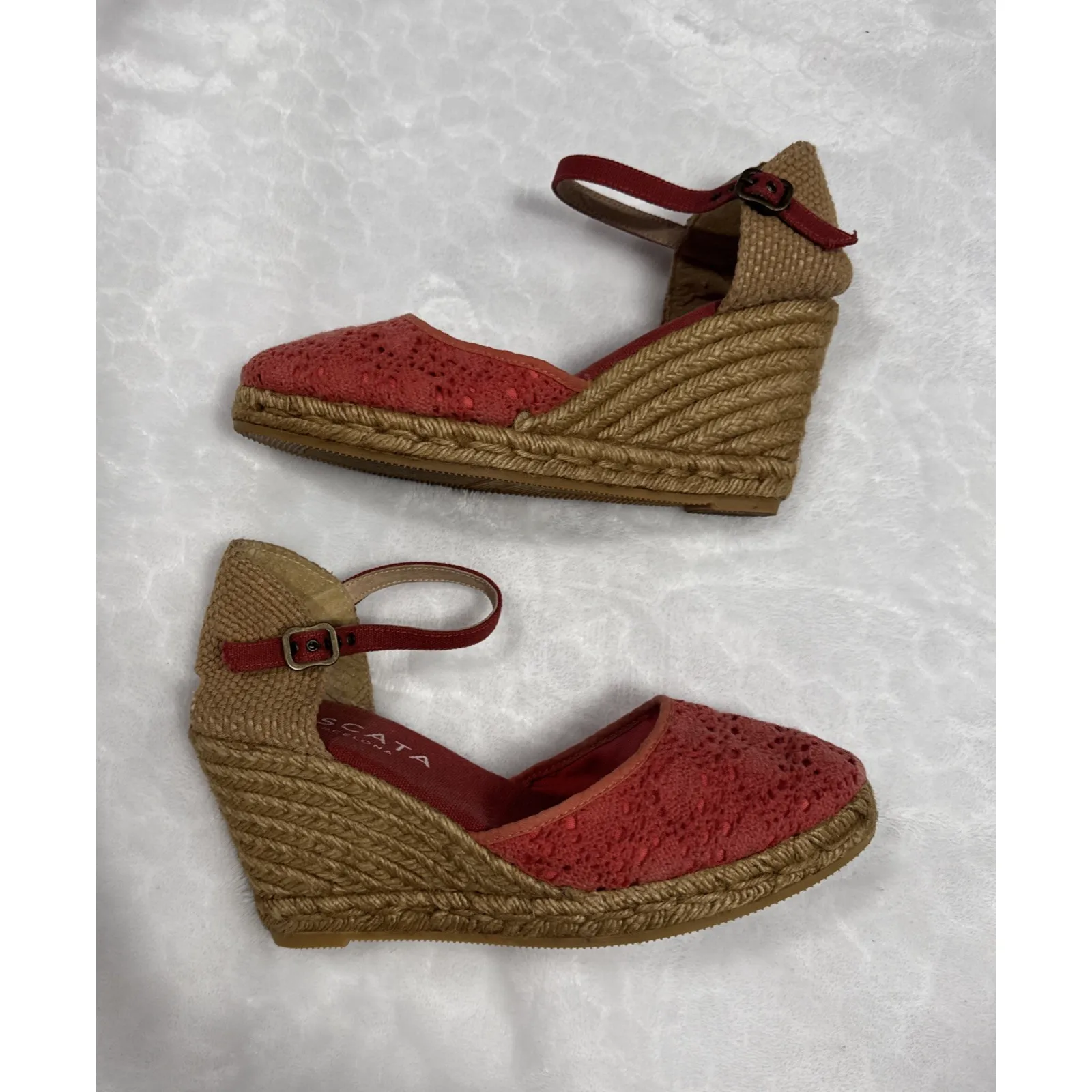 Viscata Barcelona Espadrilles Wedge Size 40 Euro 9 US Ankle Strap Crochet Fabric Pink - Image 5
