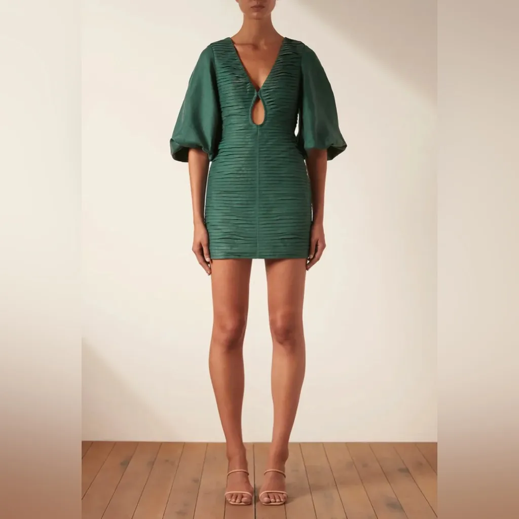 Shona Joy - Thea Linen KeyHole Balloon Sleeve Mini Dress in Rosemary - Image 2