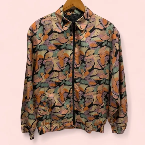 Funky vintage pastel earth tones silk Oleg Cassini track jacket pockets - Image 2