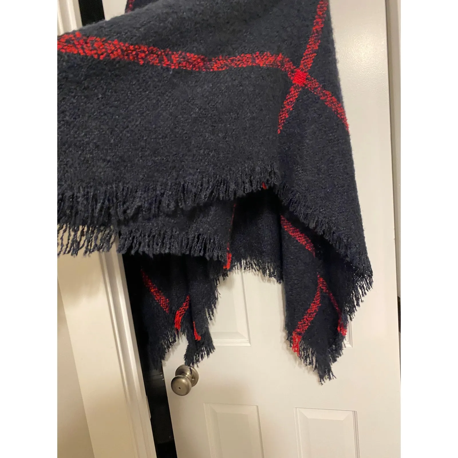 Plaid Turtleneck Knit Fringe Navy Poncho Sweater OS Boho Scandigirl Drape Winter - Image 4