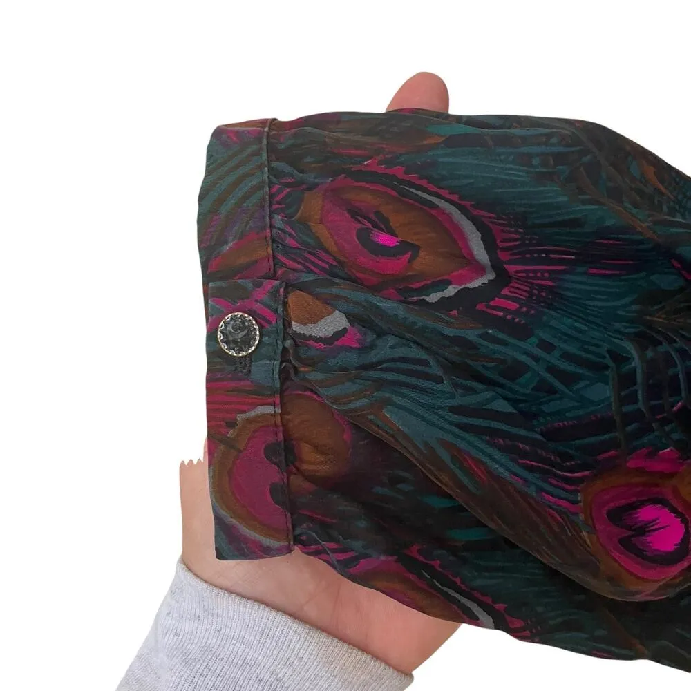 Britt Ryan Blouse Shirt Sz M 100% Silk Peacock Feather 3/4 Sleeve Loose Boho - Image 5